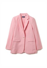 Blazer rosa realizzato in tessuto testurizzato con righe bianche, revers a spiaggia, chiusura con un bottone e due tasche frontali.