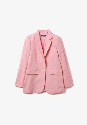 Rosa Blazer aus strukturiertem Stoff mit weißen Nadelstreifen, Reverskragen, Ein-Knopf-Verschluss und zwei vorderen Taschen.