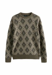 Sweter dzianinowy w oliwkowym kolorze z wzorem w diamenty w kolorze niebieskim i kremowym. Żebrowany dekolt i mankiety zapewniają kontrast tekstur.