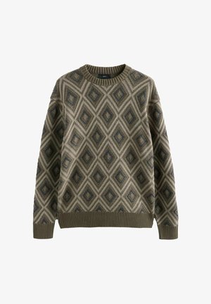 Strickpullover in Olivgrün mit einem Rautenmuster in Blau und Creme. Der gerippte Rundhalsausschnitt und die Manschetten sorgen für einen Texturkontrast.