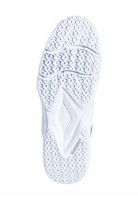 Suola di scarpa atletica bianca con un motivo di trazione in gomma, caratterizzata da scanalature e rugosità texture per presa e flessibilità.
