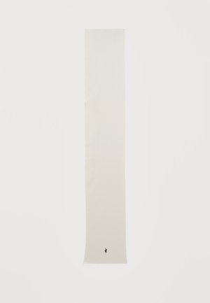 Sciarpa lunga e stretta color beige con un piccolo logo ricamato nero di cavallo e cavaliere vicino a un'estremità, mostrata su uno sfondo bianco semplice.