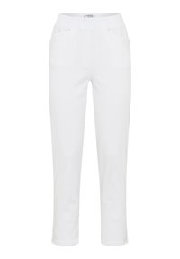 Witte casual broeken van lichtgewicht stof. Voorzien van een rekbare tailleband, twee voorzakken en decoratieve uitsparingen aan de zoom.