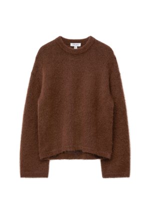 Brown fuzzy sweater made from soft material with a round neck and long sleeves. Features a relaxed fit and cropped hemline.