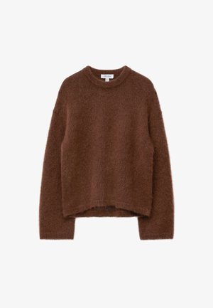 Brown fuzzy sweater made from soft material with a round neck and long sleeves. Features a relaxed fit and cropped hemline.