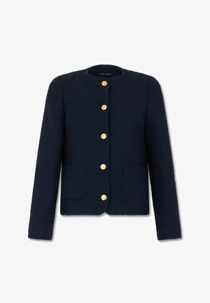 Veste bleu marine texturée avec encolure ronde, manches longues, deux poches avant et cinq boutons décoratifs dorés au centre.