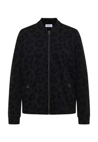 Veste bomber noire zippée avec un motif léopard subtil, poignets côtelés et deux poches latérales, fabriquée à partir d'un tissu doux et texturé.