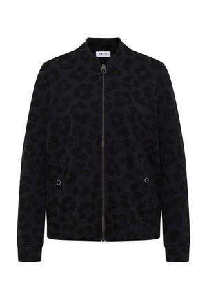 Veste bomber noire zippée avec un motif léopard subtil, poignets côtelés et deux poches latérales, fabriquée à partir d'un tissu doux et texturé.