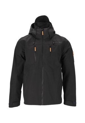 Zwarte jas met een capuchon, voorzien van twee borstzakken en een zijzak, gemaakt van een gladde, duurzame stof met leren ritsen.