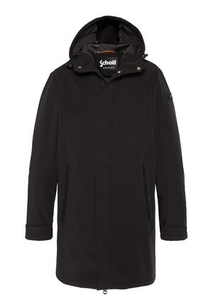 Black waterproof jacket with a hood, featuring two side zippered pockets, front zipper closure, and subtle branding on the sleeve.