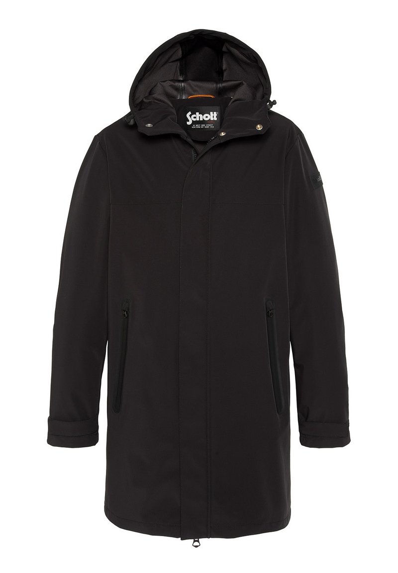 Chaqueta impermeable negra con capucha, que cuenta con dos bolsillos laterales con cremallera, cierre frontal con cremallera y un logo sutil en la manga.