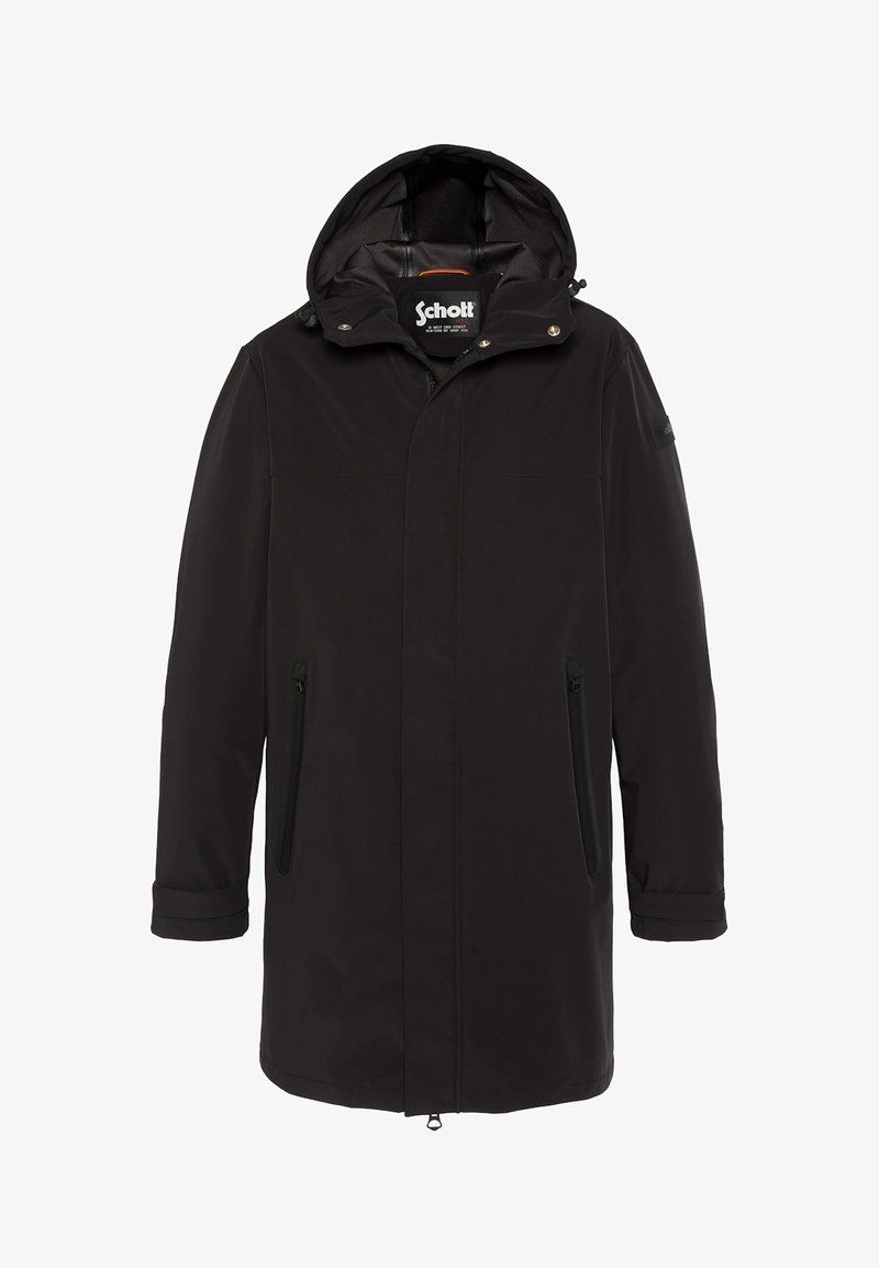 Chaqueta impermeable negra con capucha, que cuenta con dos bolsillos laterales con cremallera, cierre frontal con cremallera y un logo sutil en la manga.