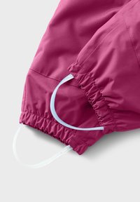 Fuchsia jacket sleeve detail with gathered elastic cuff, featuring a light blue drawstring for adjustable fit and smooth, textured fabric.