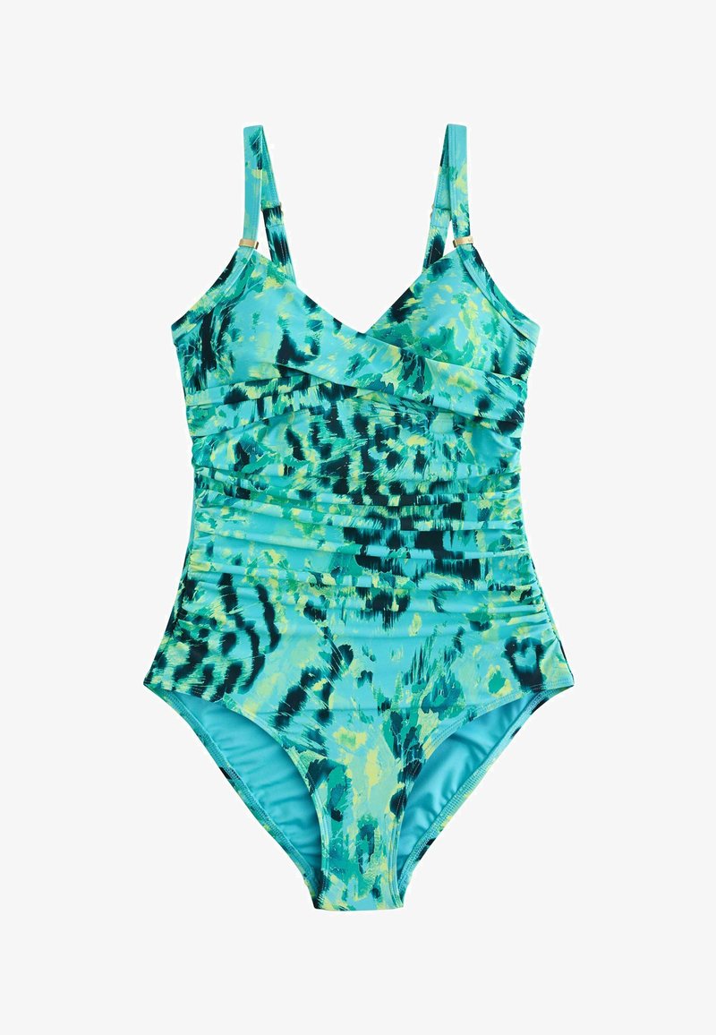 Maillot de bain une pièce avec imprimé animal abstrait turquoise, noir et jaune, bretelles réglables et détails froncés sur le tissu.