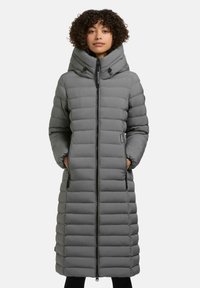 Gray puffer coat, knee-length with a high collar, quilted texture, and front zipper. Features side pockets and elastic cuffs.