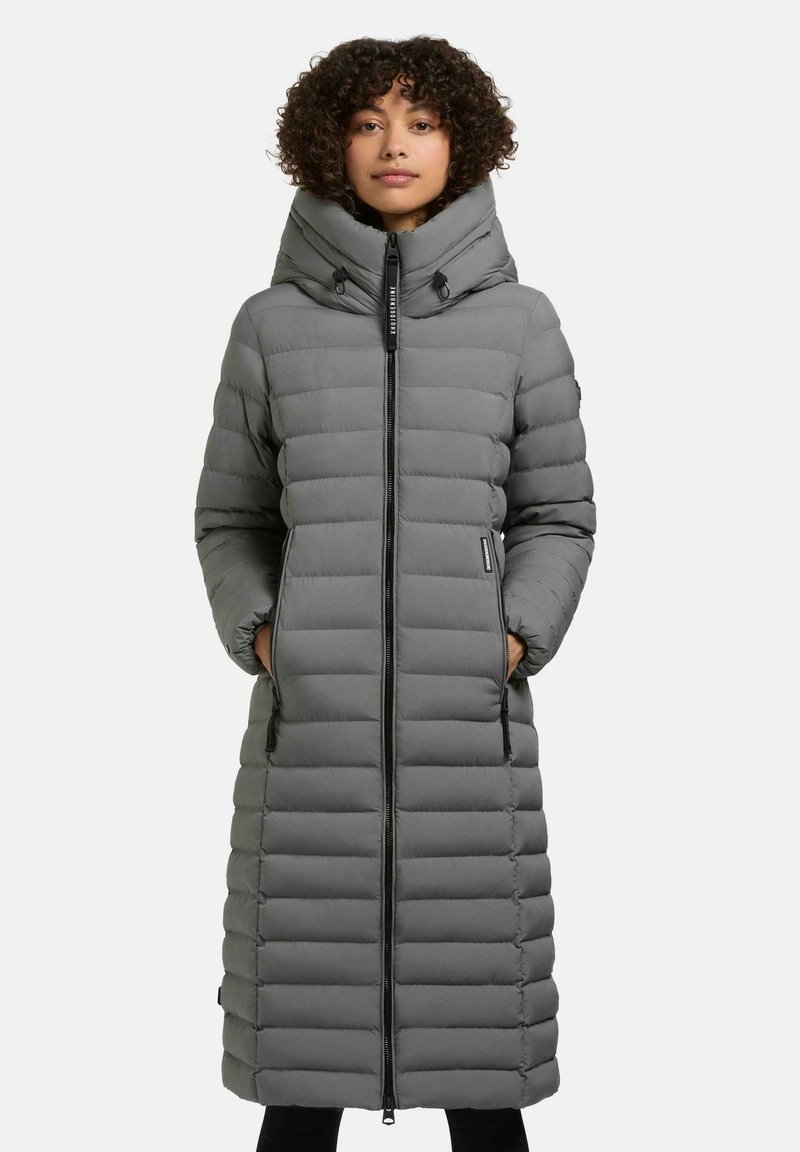 Gray puffer coat, knee-length with a high collar, quilted texture, and front zipper. Features side pockets and elastic cuffs.