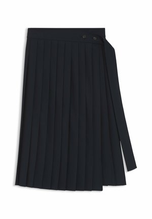 Jupe plissée bleu marine avec une ceinture ornée de deux boutons noirs, une fermeture à nouer sur le côté et un tissu texturé pour plus de style.