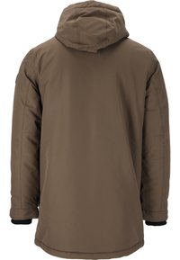 Brun isolerad jacka med huva, med en slät textur, elastiska manschetter och en något lös passform för komfort och värme.