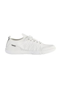 White athletic shoe with a knit upper, textured surface, elastic laces, and a durable rubber sole. Features a pull tab at the heel.