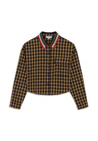 Camicia a quadri tagliata in giallo e blu navy con colletto a strisce rosse, verdi e bianche. Presenta maniche lunghe e una tasca sul petto.