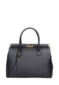 Zwarte leren handtas met een gestructureerde vorm, gouden hardware, dubbele handgrepen aan de bovenkant en een decoratieve tassel aan de zijkant. Getextureerde afwerking.