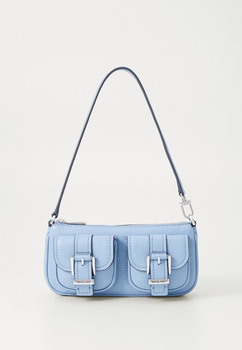 Light blue leather bag with a rectangular shape, two front flap pockets, silver-tone hardware, and a single shoulder strap.