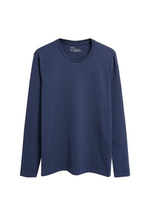 T-shirt uni bleu marine à manches longues et col rond en coupe régulière, présenté à plat sur fond blanc.