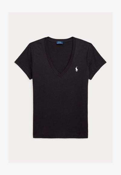 Μαύρο κοντομάνικο T-shirt με V-λαιμόκοψη και λευκό κεντημένο λογότυπο Polo Ralph Lauren στο αριστερό στήθος.