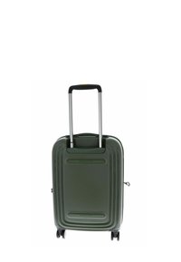 Valise rigide verte avec poignée télescopique et quatre roulettes pivotantes, montrée de face sur un fond blanc.
