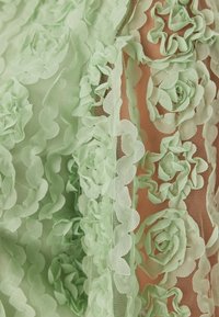 Tessuto verde chiaro con appliqué di rose sovrapposte e sfondo trasparente; presenta un design floreale testurizzato che aumenta profondità e interesse visivo.