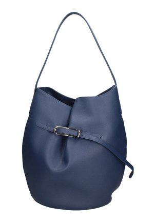 Borsa secchiello in pelle blu navy con un manico unico e una fibbia decorativa argentata sul davanti.