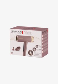 Remington AIRVIVE digital hårføner i rosegull og mørkerosa med sirkulære gullfargede detaljer, inkluderer stylingdysse og diffuser.