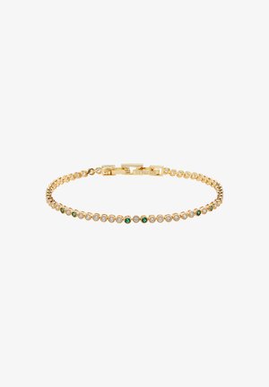 Goldkettchen-Armband mit abwechselnd kleinen klaren und grünen runden Edelsteinen, sicherer Verschluss mit eingraviertem U.S. Polo Assn. Logo.