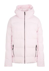 Giacca puffer rosa chiaro con colletto alto, chiusura frontale con zip e due tasche laterali. Presenta un design trapuntato e una consistenza liscia.