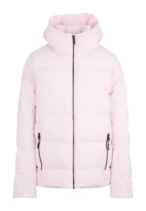 Hellrosa Daunenjacke mit hohem Kragen, Frontreißverschluss und zwei Seitentaschen. Verfügt über ein gestepptes Design und eine glatte Textur.