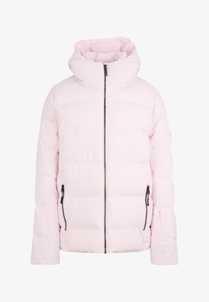 Light pink puffer jacket with a high collar, front zip closure, and two side pockets. Features a quilted design and smooth texture.