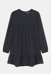 Tmavě modré, průhledné šaty s dlouhými rukávy, kulatým výstřihem a nařaseným volánem na spodním okraji. Obsahují jemné vzorované detaily po celém povrchu.