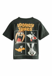 Tmavě zelené bavlněné tričko s postavami Looney Tunes rozdělenými do čtyř čtverců, kulatý výstřih a krátké rukávy. Odvážný grafický design.