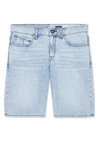 Shorts en denim bleu clair avec poches avant, passants pour ceinture, fermeture par bouton, et détails légèrement délavés sur les cuisses.