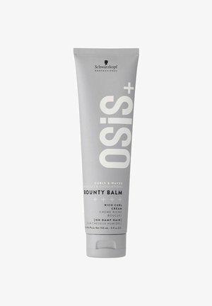 Graue Tube von 'Osis+ Bounty Balm' mit weißem Text; enthält 150 ml reichhaltige Lockencreme für Locken und Wellen, ausgelegt für die Anwendung auf feuchtem Haar.