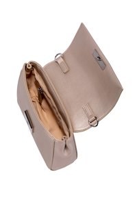 Beige Handtasche aus synthetischem Leder mit strukturiertem Design, abgerundeten Kanten, magnetischem Verschluss und einem Innenfach mit Reißverschluss. Das Innere ist gefüttert.