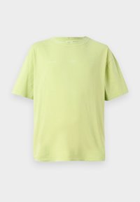Light green, short-sleeved t-shirt made of soft fabric. Features a round neckline and minimalistic logos printed at the chest.