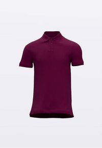 Bordo polo krekls no mīksta auduma. Aprīkots ar apkakli, trīs pogu aizdari un īsām piedurknēm. Gluda tekstūra bez rakstiem.