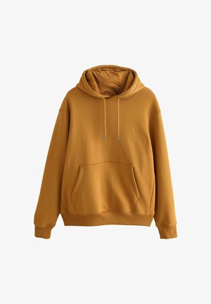 Musztardowy żółty hoodie wykonany z miękkiego materiału. Posiada dużą przednią kieszeń, ściągacze przy rękawach oraz kaptur ze sznurkiem. Gładka faktura, luźny krój.