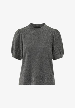 Sparkly black short-sleeve top with a high neck and puffed sleeves. Features a soft texture and a shiny finish, suitable for casual wear.