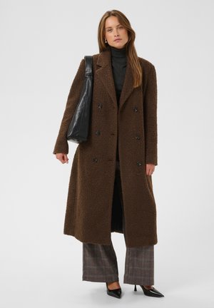 Femme portant un long manteau marron texturé, un col roulé noir, un pantalon large à carreaux, des talons noirs et un sac à épaule noir, debout sur un fond uni.