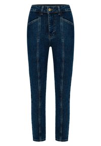 Jeans de denim de cintura alta en azul oscuro con un ajuste slim. Presentan costuras en contraste y detalles en los bolsillos, una textura suave y perneras ligeramente ajustadas.