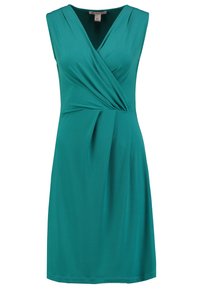 Tealfärgad ärmlös klänning med V-ringning, gathered detalj vid midjan, knä-lång fåll och slät, elastisk textur.