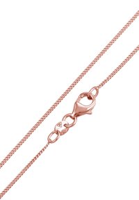 Collana in metallo rosa con una trama intrecciata e chiusura a moschettone. Presenta anelli per la lunghezza regolabile.