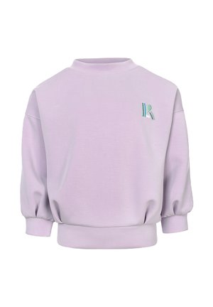 Lila sweatshirt met een ribbelboord ronde halslijn, ballonmouwen en een klein geborduurd logo in teal met strepen op de borst.